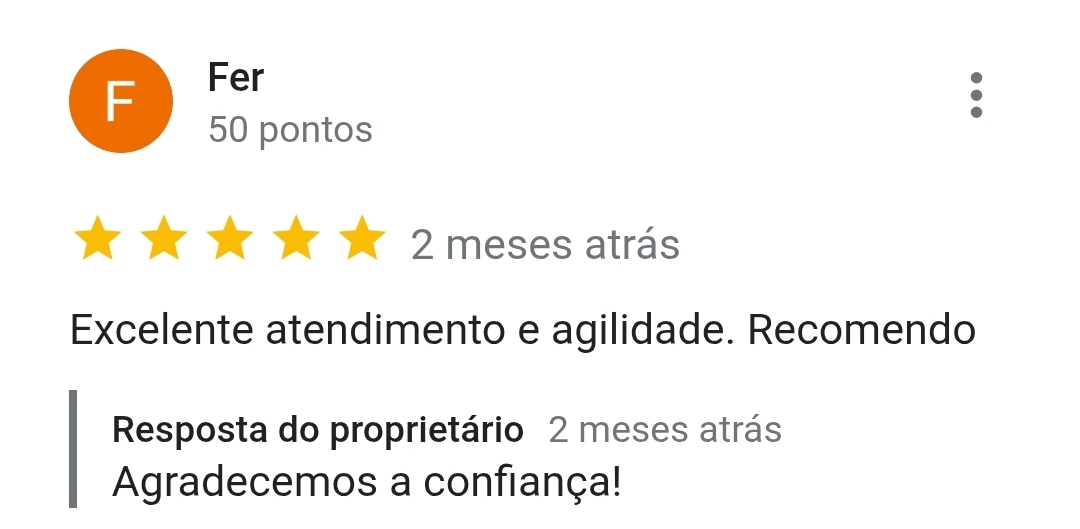 Avaliação de cliente no Google Maps - 5 estrelas