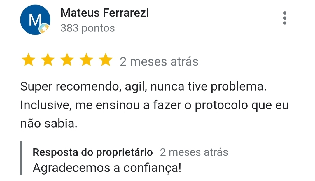 Avaliação de cliente no Google Maps - 5 estrelas